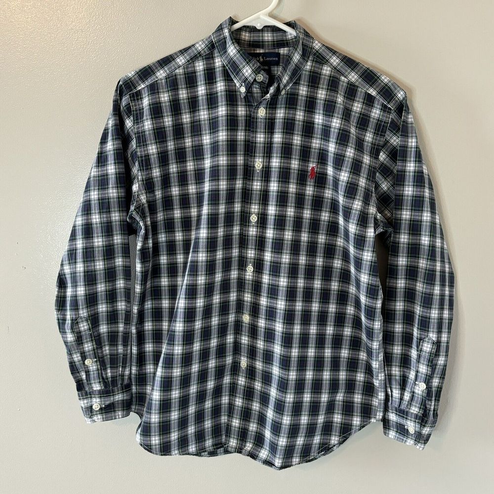 Ralph Lauren Boys Long Sleeve Button Up Shirt Blue Green Plaid Shirt Lar…